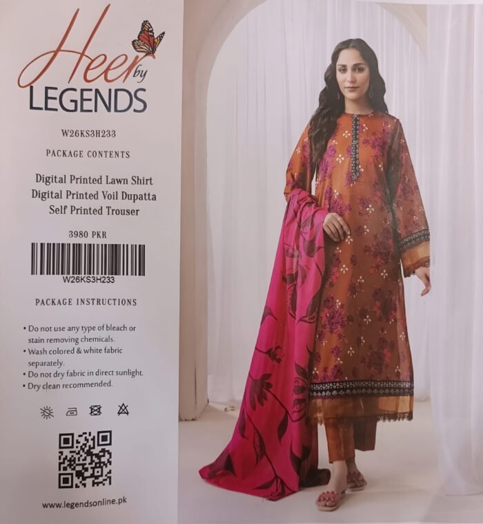 Heer by Legends Rust & Pink Digital Lawn 3-Piece Suit - Image 1
