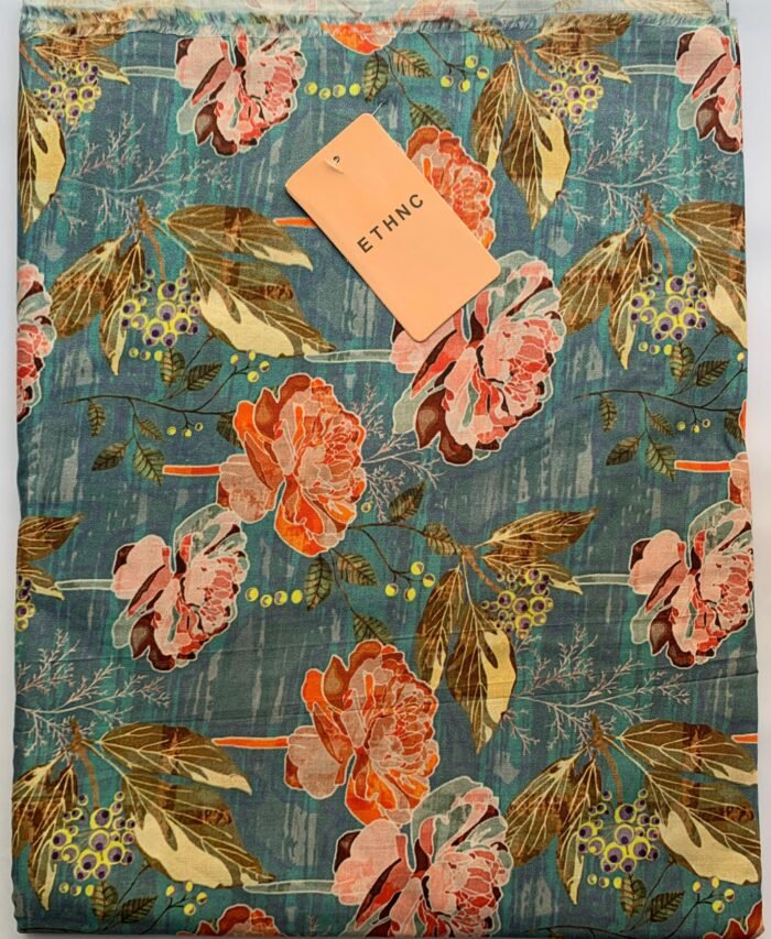 ETHNC Teal Floral Unstitched Printed Lawn Suit - Image 1