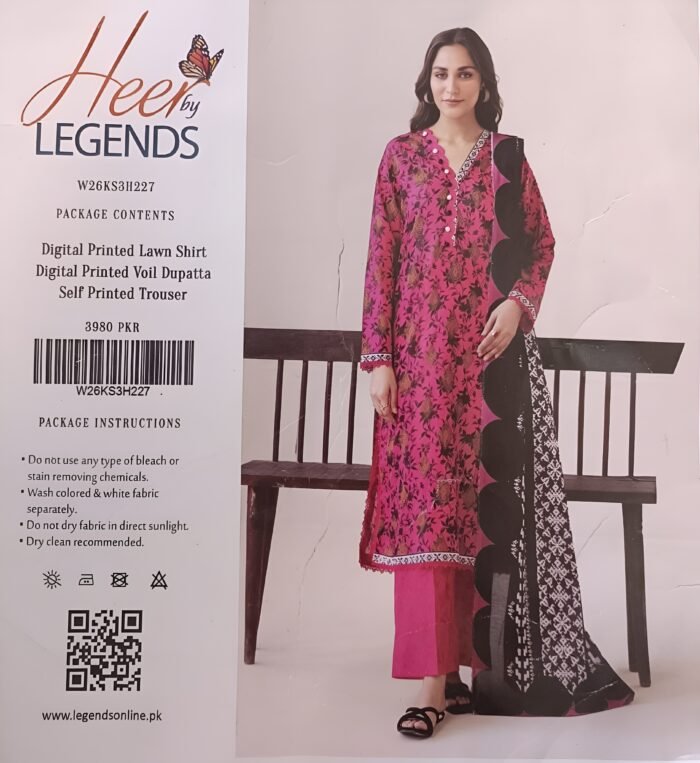 Heer by Legends Pink & Black Digital Printed 3-Piece Lawn Suit - Image 1