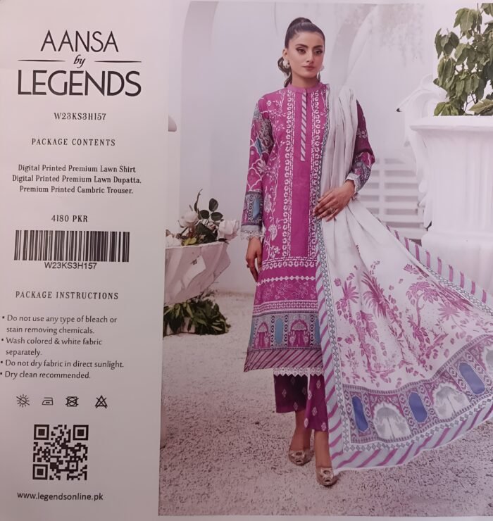 Aansa by Legends Purple & White Premium Lawn 3-Piece Suit - Image 1
