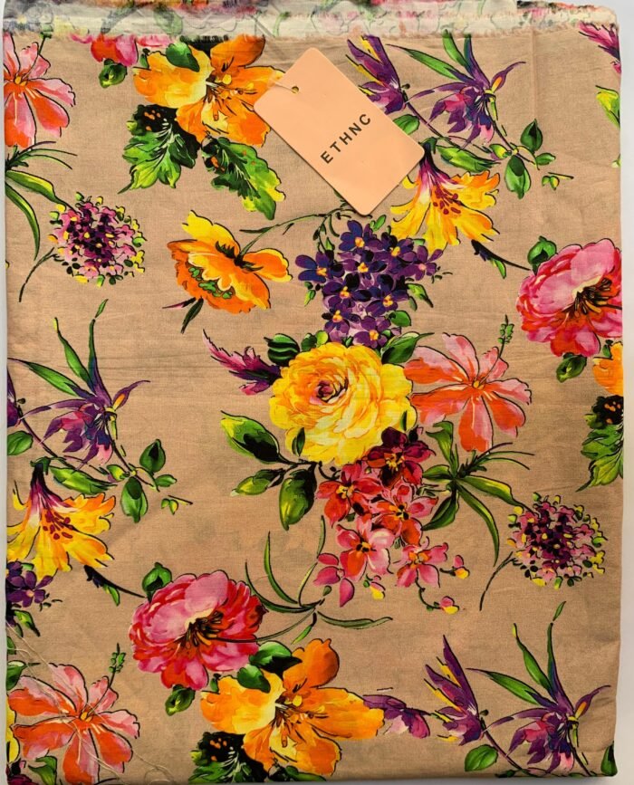 ETHNC Beige Floral Unstitched Printed Lawn Suit - Image 1