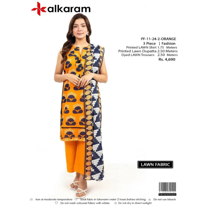 Alkaram Vibrant Orange Geometric 3-Piece Lawn Suit - Image 3