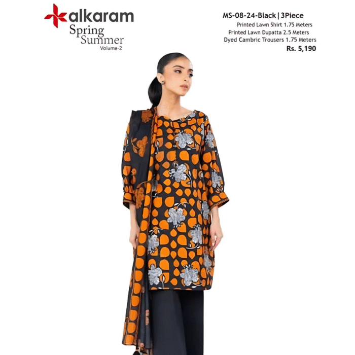 Alkaram Bold Black & Orange Floral 3-Piece Lawn Suit - Image 2