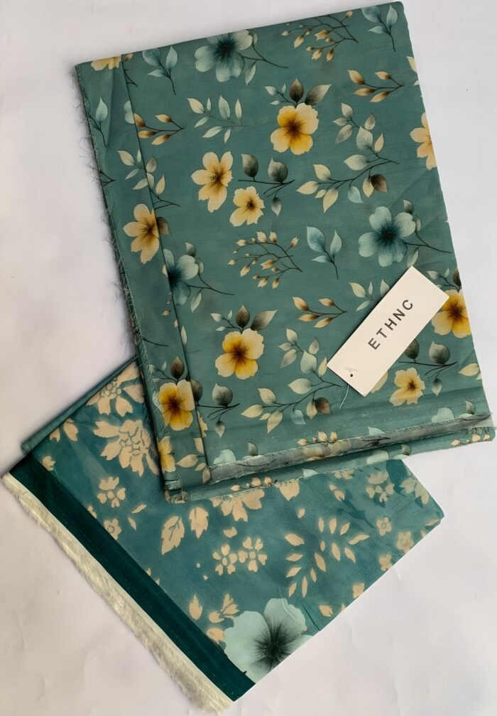 ETHNC Teal Blossom Unstitched Printed Lawn Suit - Image 1