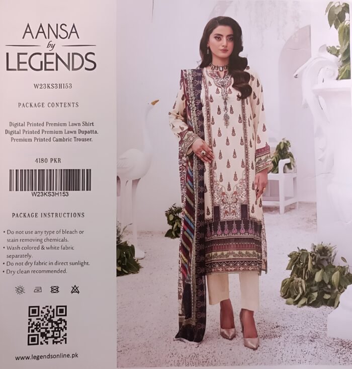 Aansa by Legends Beige & Multicolor Premium Lawn 3-Piece Suit - Image 1