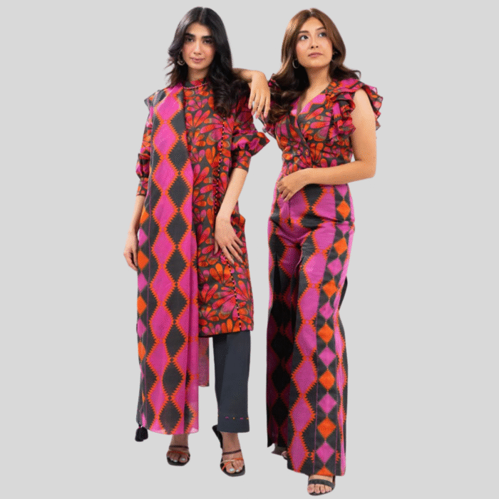 Alkaram Black & Pink Abstract 3-Piece Lawn Suit - Image 1