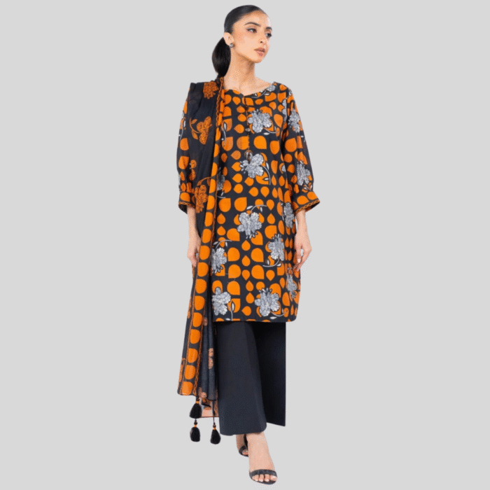 Alkaram Bold Black & Orange Floral 3-Piece Lawn Suit - Image 1