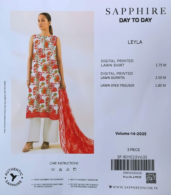 Sapphire - Leyla Red & White Floral Digital Printed 3-Piece Lawn Suit - Image 1