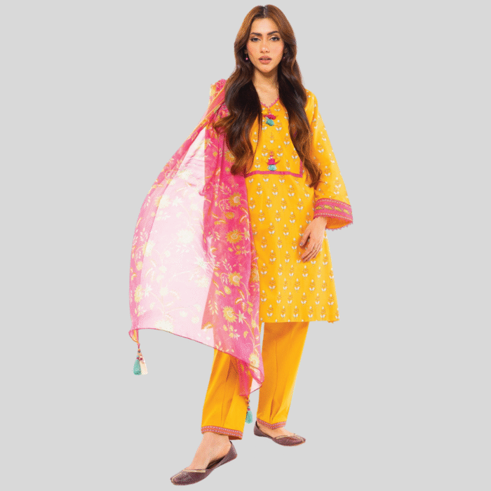 Alkaram Sunshine Yellow & Pink Classic 3-Piece Lawn Suit - Image 1