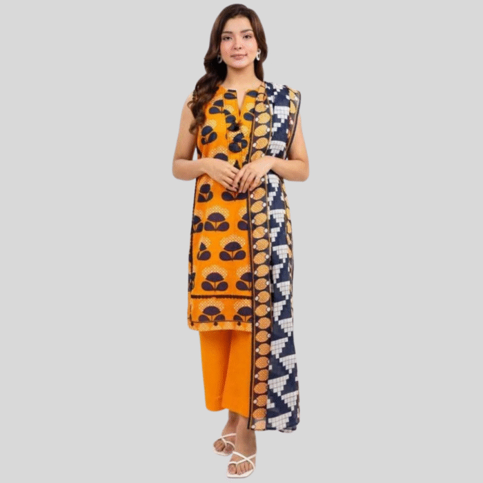 Alkaram Vibrant Orange Geometric 3-Piece Lawn Suit - Image 1