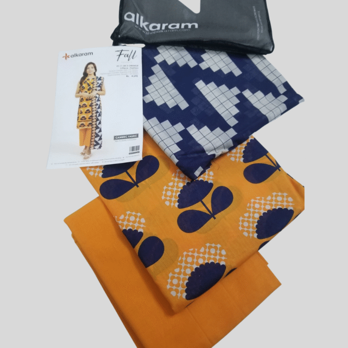 Alkaram Vibrant Orange Geometric 3-Piece Lawn Suit - Image 2