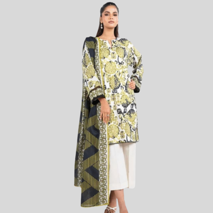 Spring Summer Yellow & Olive Floral 3-Piece Lawn Suit - Image 1