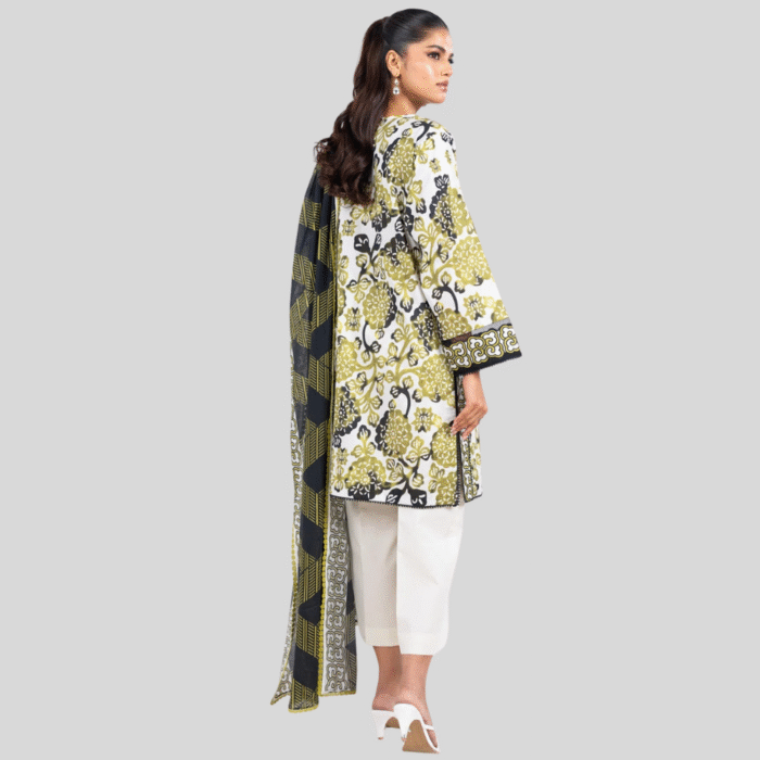 Spring Summer Yellow & Olive Floral 3-Piece Lawn Suit - Image 2