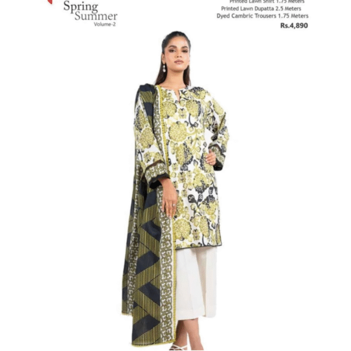 Spring Summer Yellow & Olive Floral 3-Piece Lawn Suit - Image 3