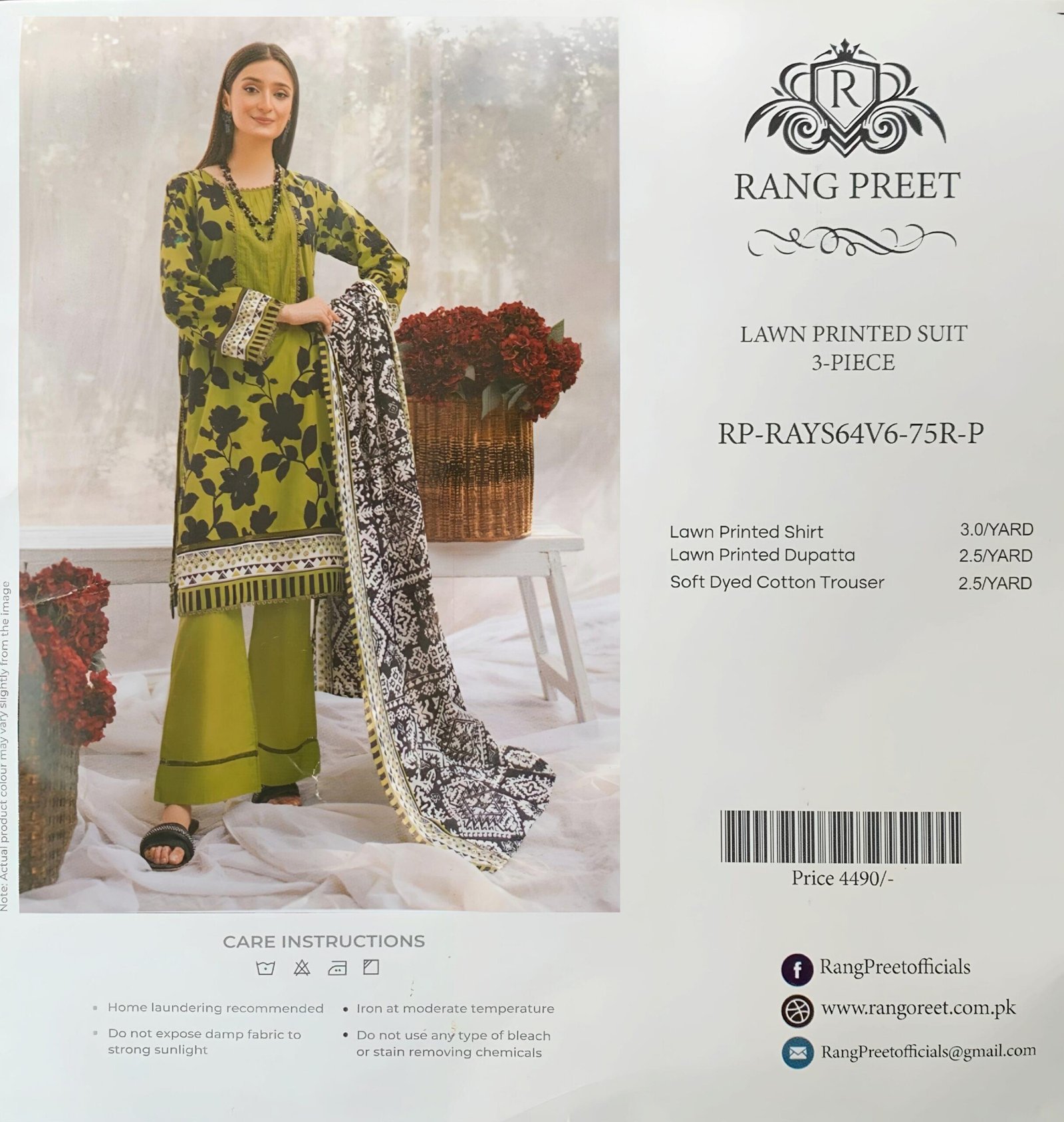 Rang Preet Olive Green with Black Floral 3-Piece Lawn Printed Suit - Image 1