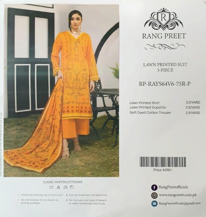 Rang Preet Marigold Orange 3-Piece Lawn Printed Suit - Image 1