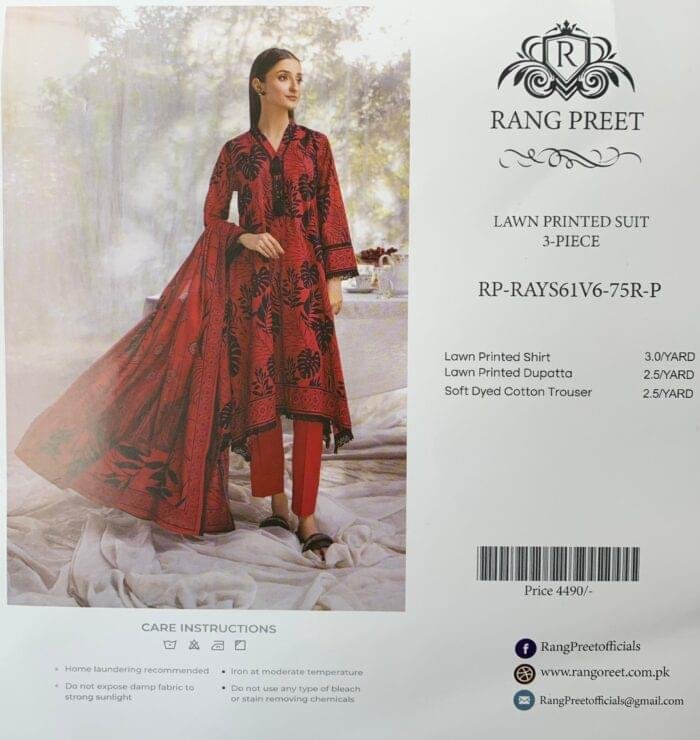 Rang Preet Red & Black Floral Design 3-Piece Lawn Printed Suit - Image 1